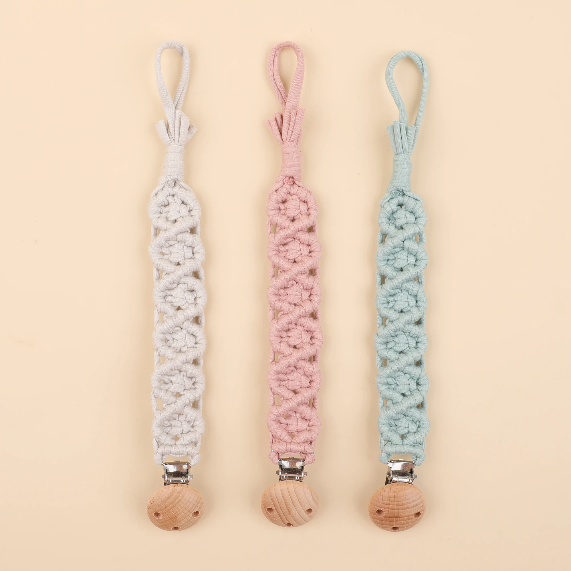 2024Haoyuan Popular Safety Handmade 100% Cotton Soft Woven Knitted Baby Crochet Teething Pacifier Chain Clip Toddler Teether Toy