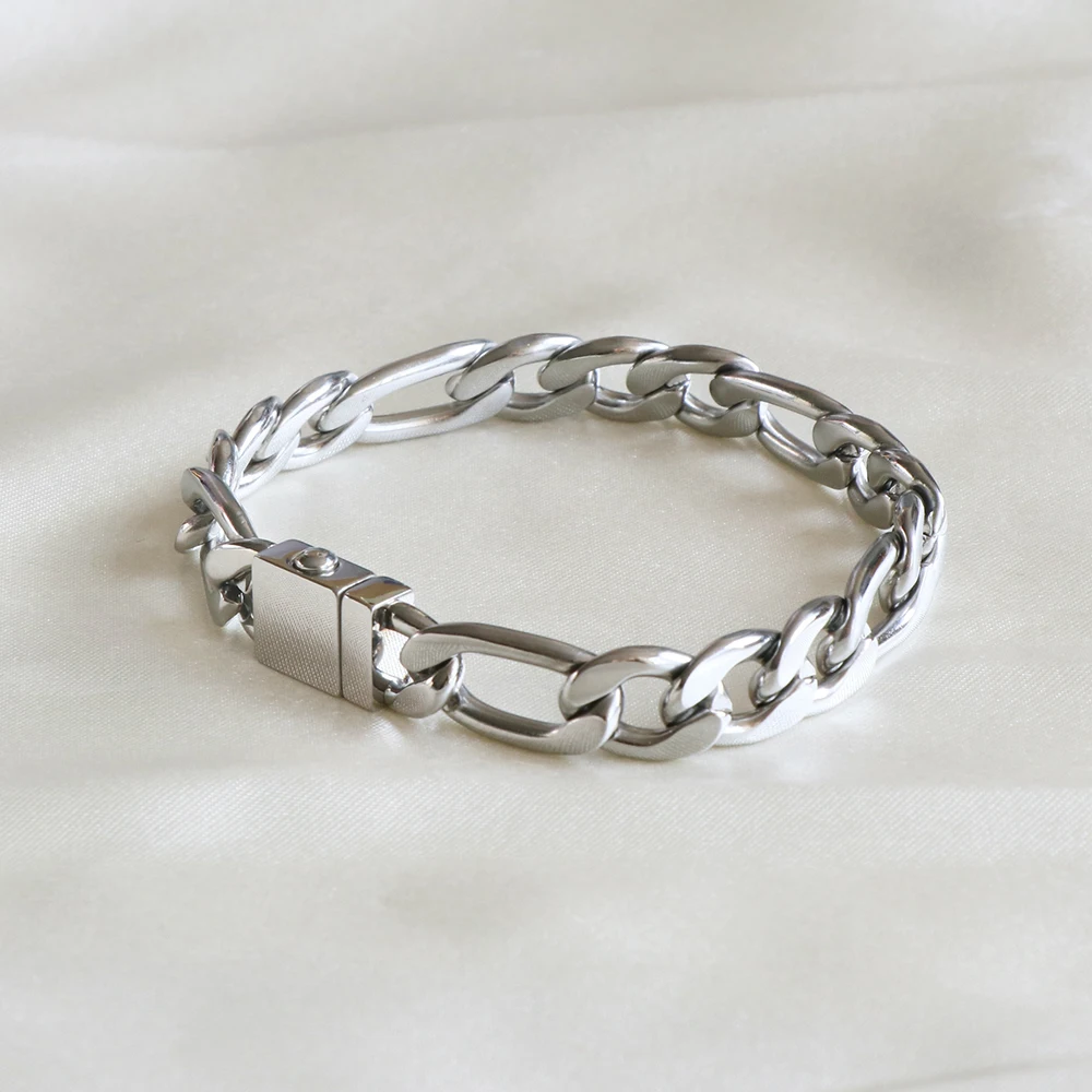 high quality mechanical clasp engraved bracelet custom stainless steel figaro link chain rainbow bracelets for men