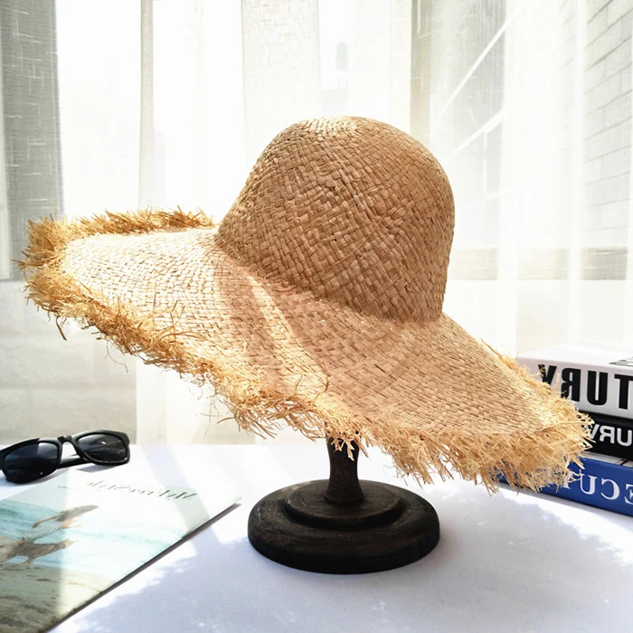 Stock Women Raffia Straw Hat Large Wide Rough Brim Floppy Straw Hat Beach Summer Sun Visor Hat