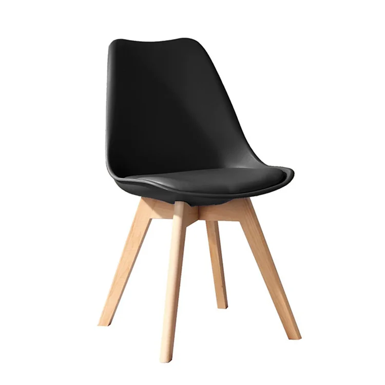 
mid century nordic decoration home plastic cushion leather dining chair with solid wood cross legs 