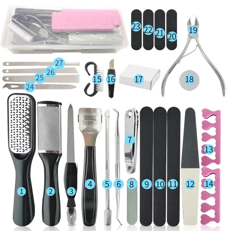 Professional Pedicure Tools Set 27 in 1 Stainless Steel Foot Care Kit Foot Rasp Dead Skin Remover Pedicure Kit