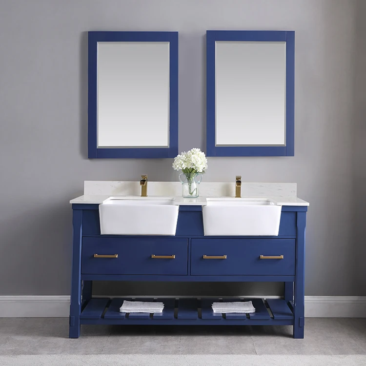 hot sale American Style classic custom waterproof  60 inch Blue Double Vanity  Wood Bathroom Vanities with Mirror cabinet