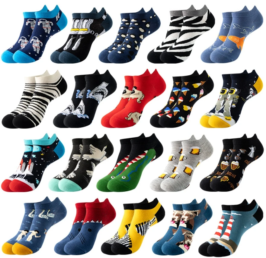 Fashion Design Custom Logo Happy Funny Cute Cartoon Print Low Cut Breathable Cotton Cocks Happy Unisex Ankle Socks