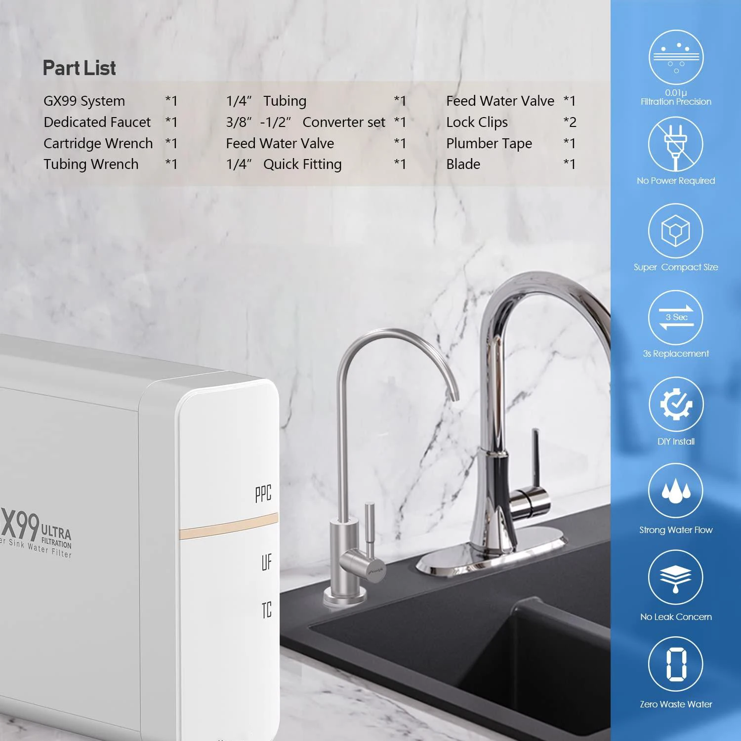 Zero Waste Water No Power Required Under Sink Water Filter System water purifier machine reverse osmosis