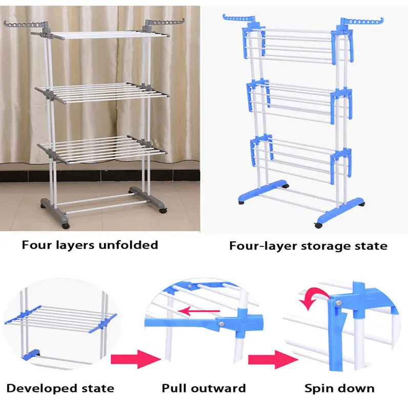 folding telescopic floor-standing double pole cloth rack metal clothes drying laundry racks towel cloth drying rack with wheels