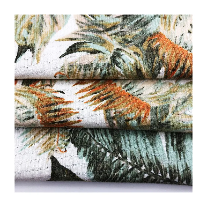 Hot sale Sublimation Palm leaf design knitted fabric 185gsm TR stretch printed baby rib fabric for garment