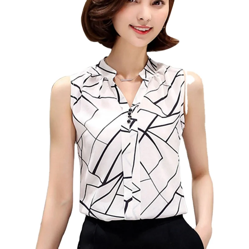 Blusas Korean Fashion Clothing 2017 Summer Womens Sleeveless White Chiffon Blouse Shirt Ladies Tops V-Neck Female Plus Size