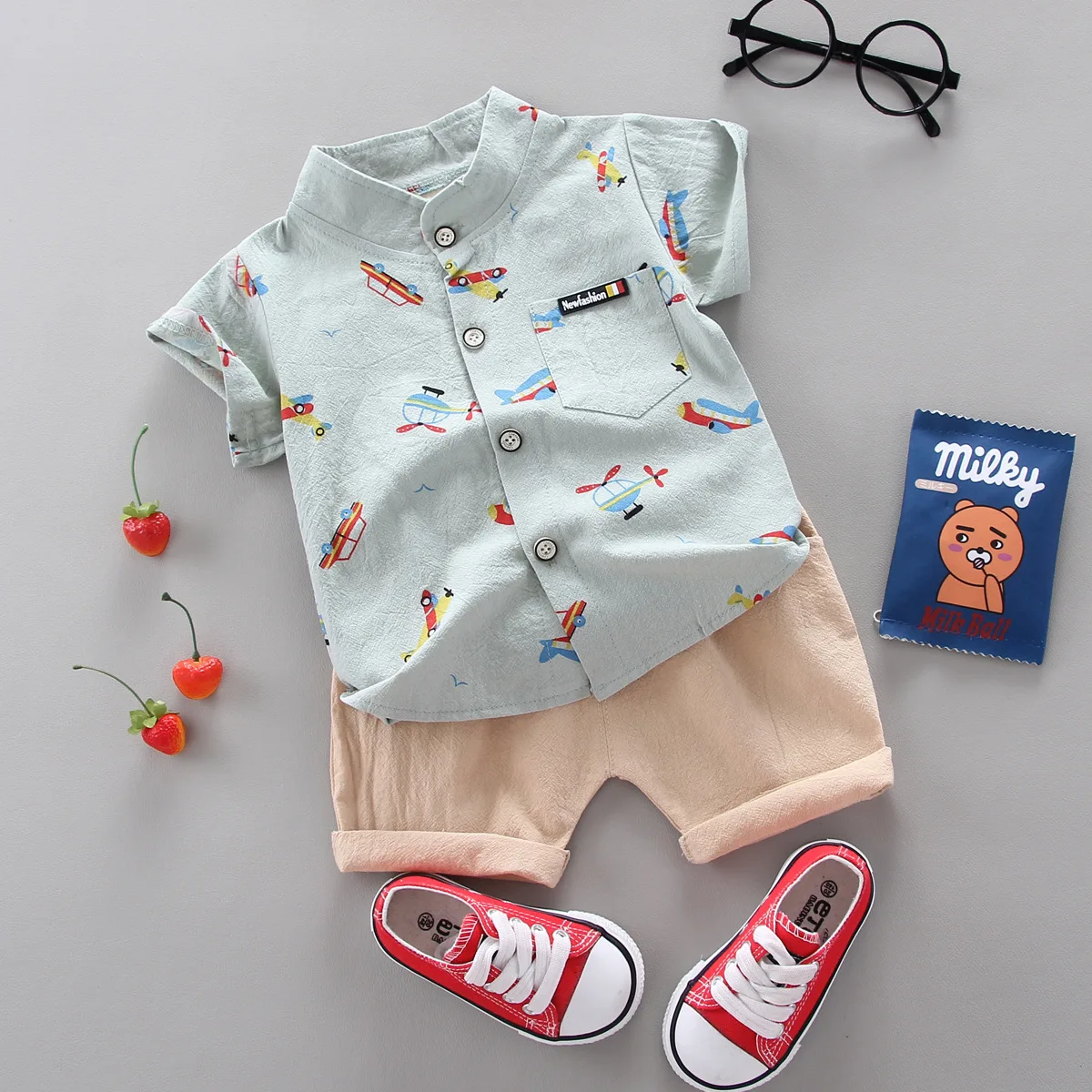 Floor price baby clothes wholesale handsome summer little boy short sleeve set Korean fashion baby boy shirt set