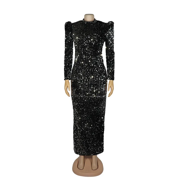 ANSZKTN Flannel Sequined Stage Costume Bubble Puff Sleeve Long Sleeved Party Dress Evening Dresses Women