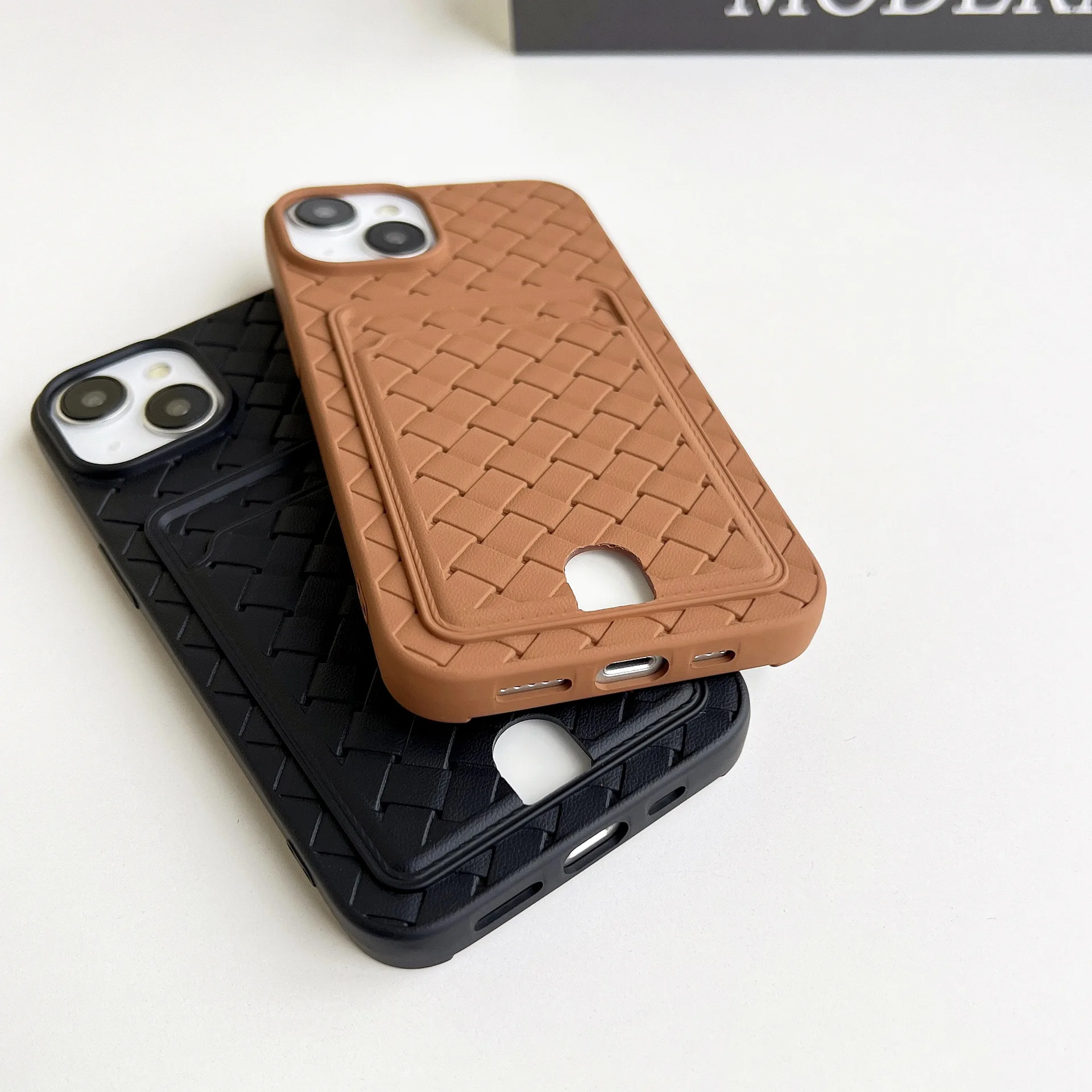 Checkered Woven Phone Case for iPhone 7 8 X XS XR Max 11 12 13 14 15 Pro Max Luxury Weave Phone Case Back Cover Card Holder