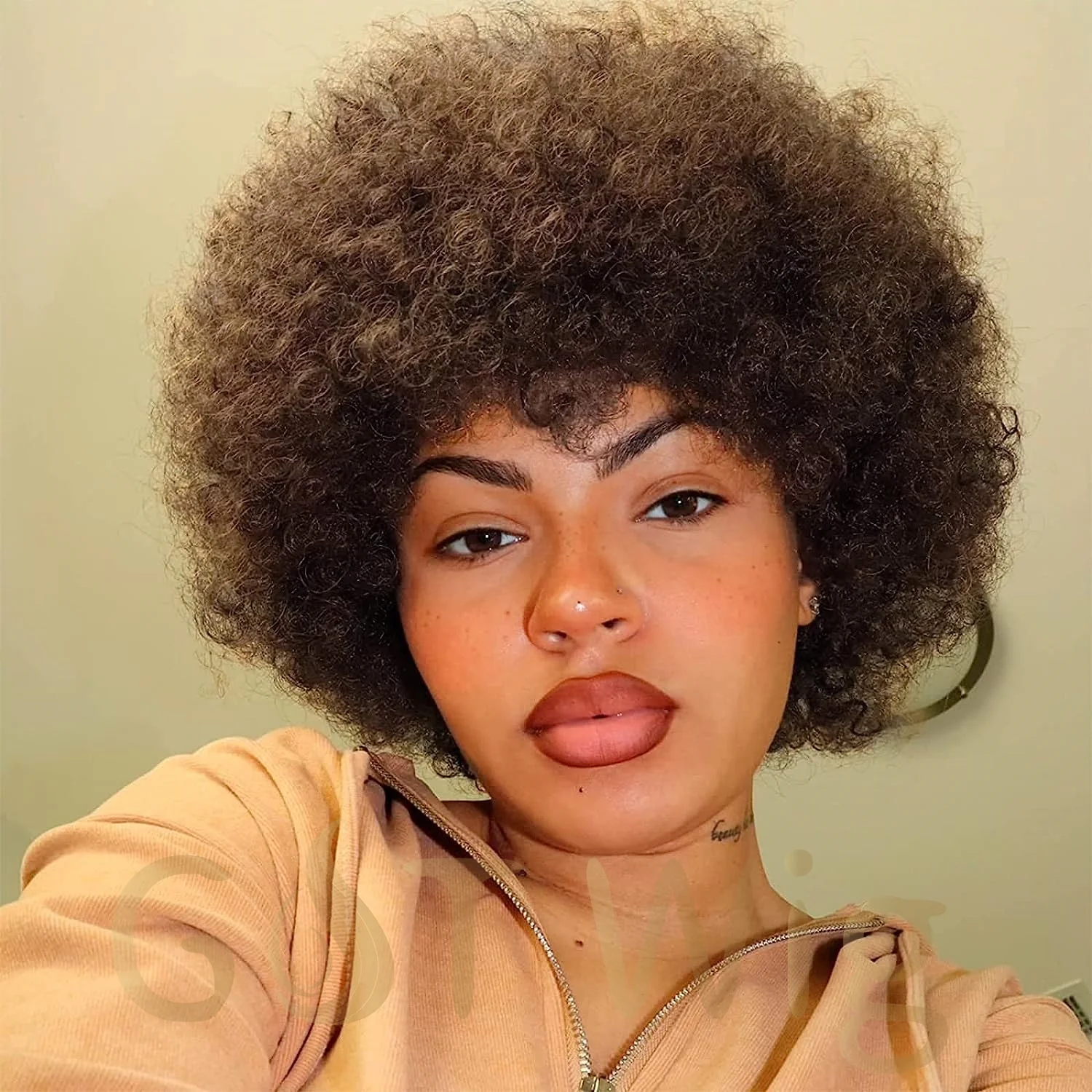 G&T Wig wholesale Kinky Afro Hair 70s Afro Puff Wig with Bangs Glueless Wear Short Afro Curly Human Hair Wigs