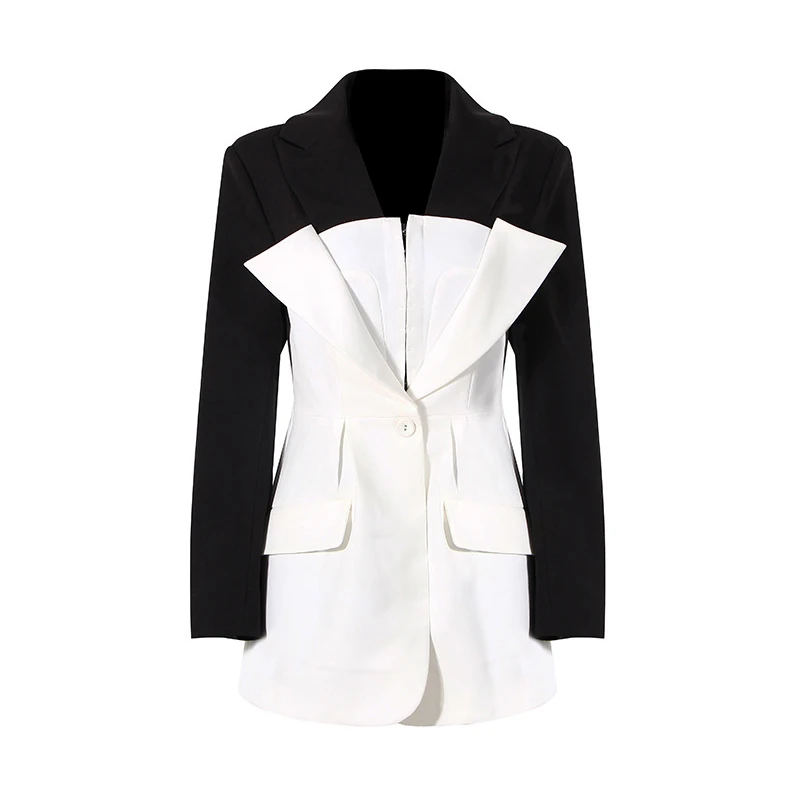ONEINALL Notched Long Sleeve Patchwork Hit Color Straight Blazers Female 2021 Spring