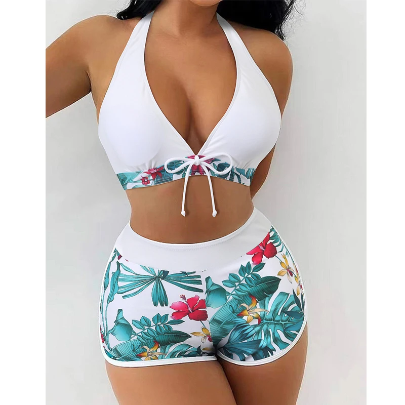 Custom Fitness Swimwear Bikini 2-Piece Set Sports Bra Boxer Shorts Classic Printed Beachwear Women Sexy Swimsuit