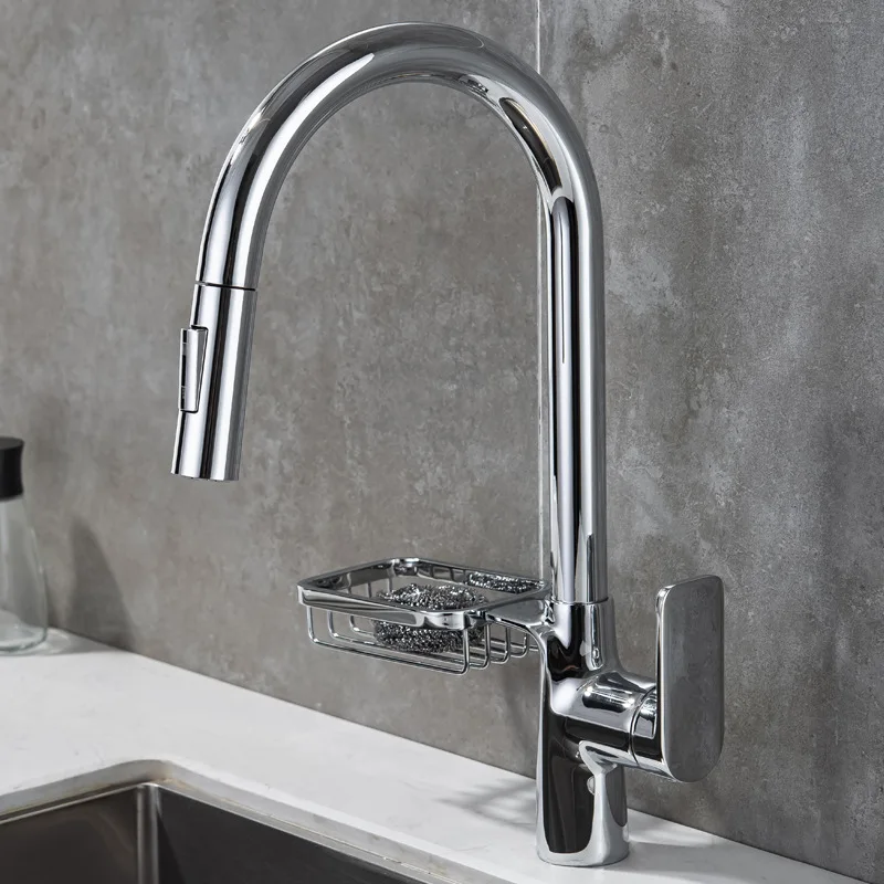 New kitchen brass faucet with splash proof water washing black sink rotatable hot and cold pull-out kitchen faucet