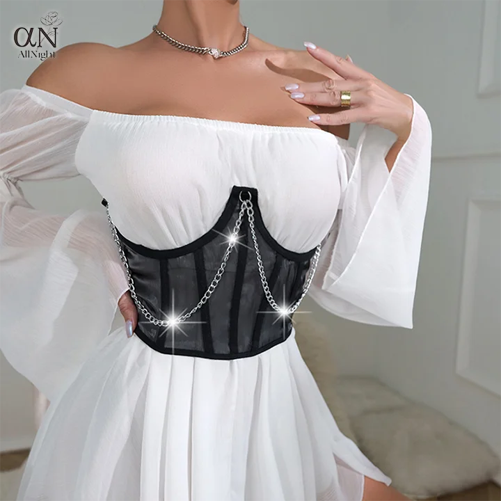 Custom Logo Metal Chain Black Open Chest Transparent Hollow Out Lace Stripper Outfits Underwire Bra Dancewear Exotic Corset Tops