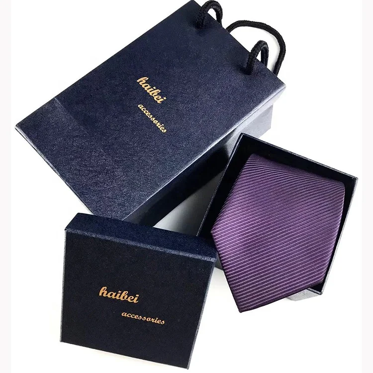 High quality classic custom ties with navy blue tie gift box necktie purple stripe  handmade neck ties men