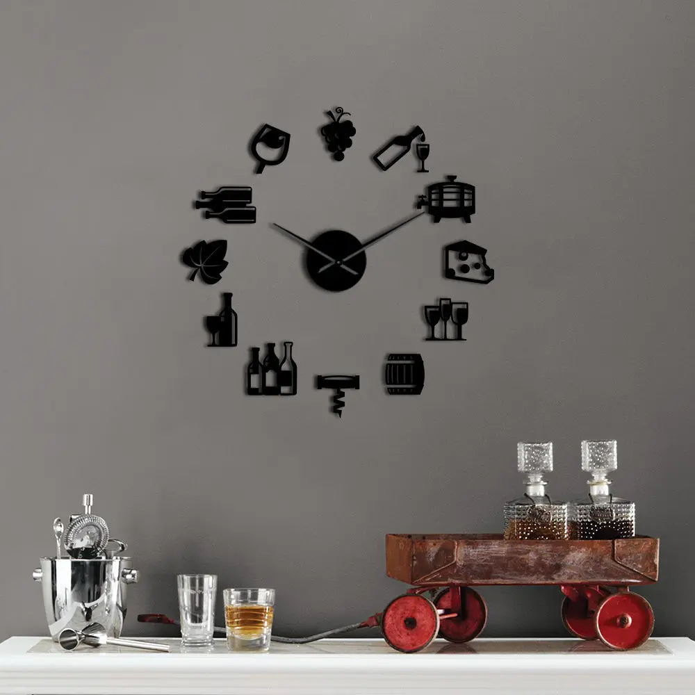 Cheese and Wine Modern Frameless DIY Giant Silent Wall Clock Alcoholic Drink Pub Bar Sign Cork Screw Decorative Wall Watch