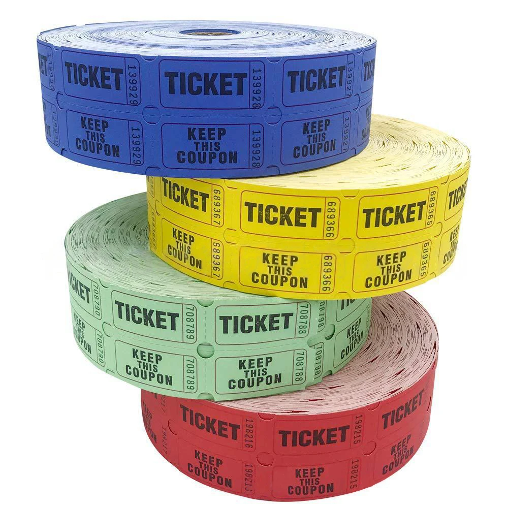 Unique design hot sale 1000 tickets per roll green yellow red blue raffle ticket roll