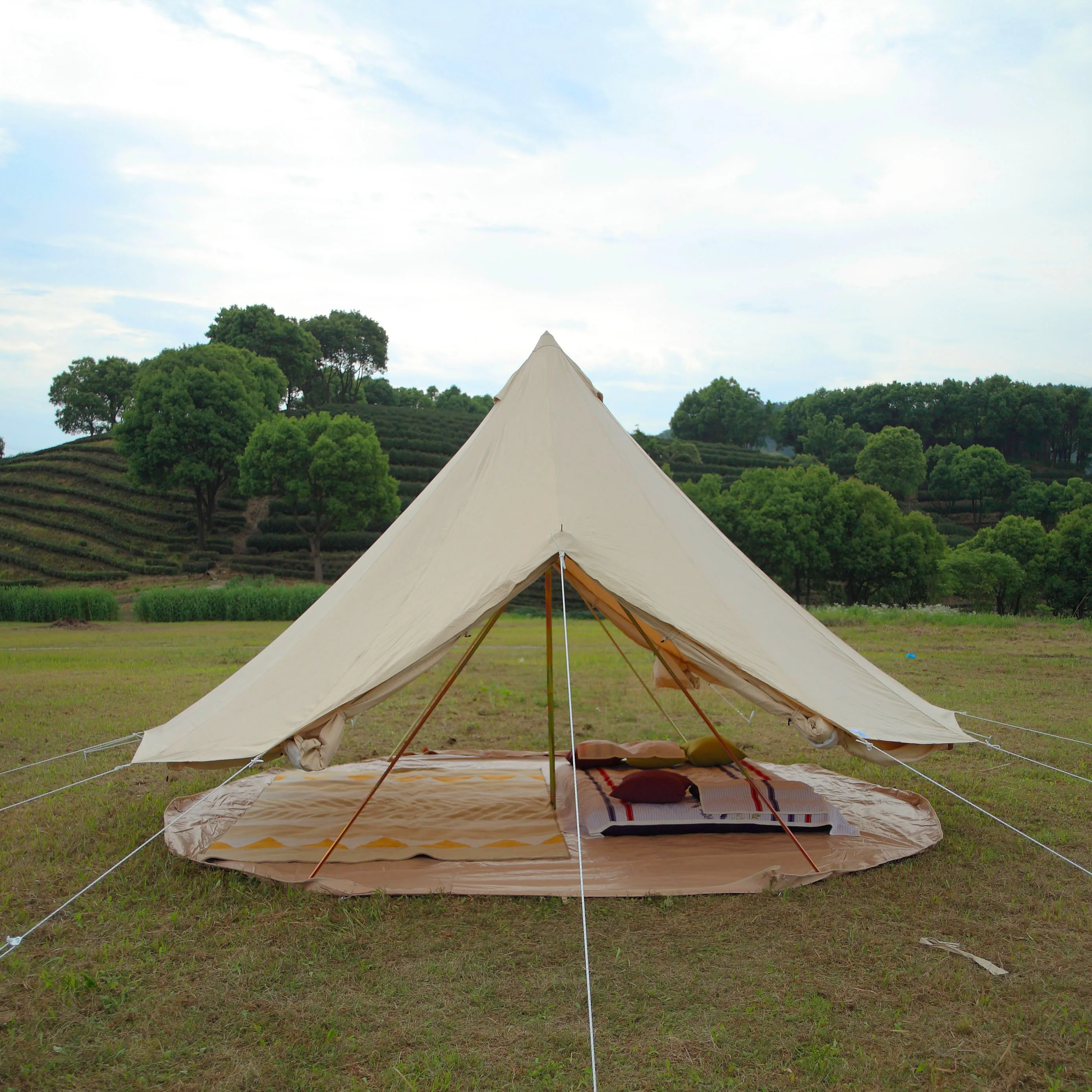 Custom fire resistant and mildew resistant double door cotton canvas bell tent 5m 6m glamping outdoor tents