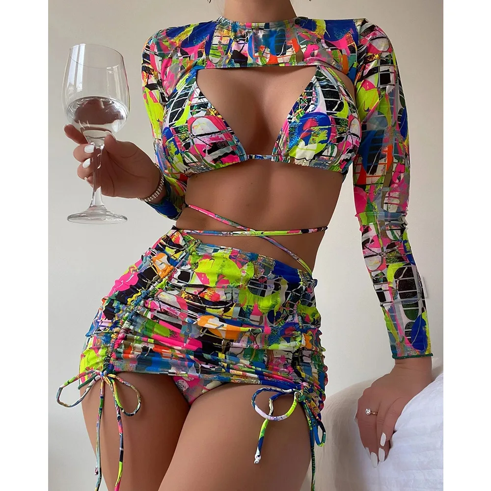 2023 Beachwear Women Bathing Suit Swim Dress Cover Up Super Sexy Tie Die Thong 4 Piece Bikinis Woman Swimwear