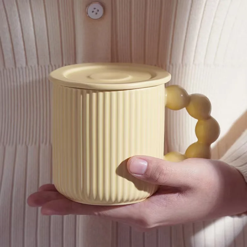 ins Nordic creative personality macaron striped ceramic mug bead handle office water cup