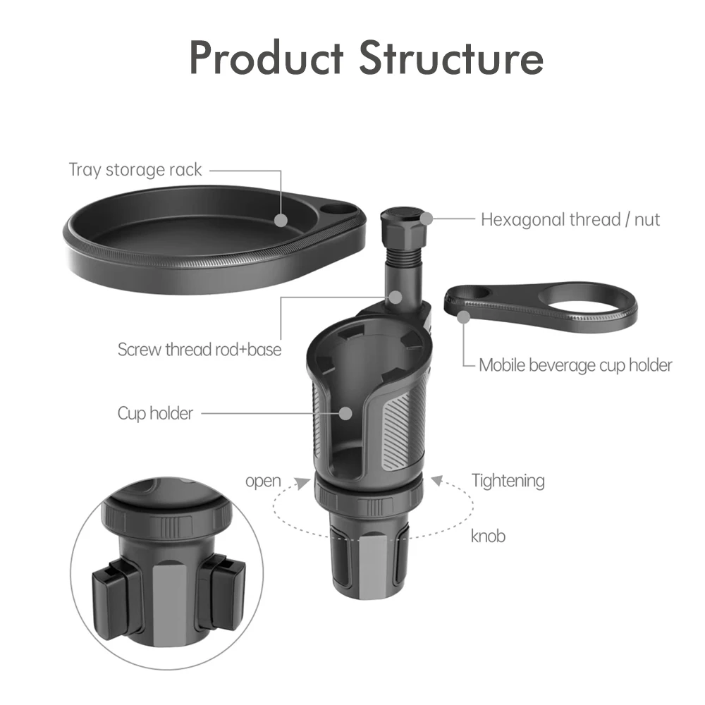 Multi-function adjustable car water cup hole plate + cup sleeve Multipurpose Cup Holder Tray For Car With 360 Degree Swivel Arm