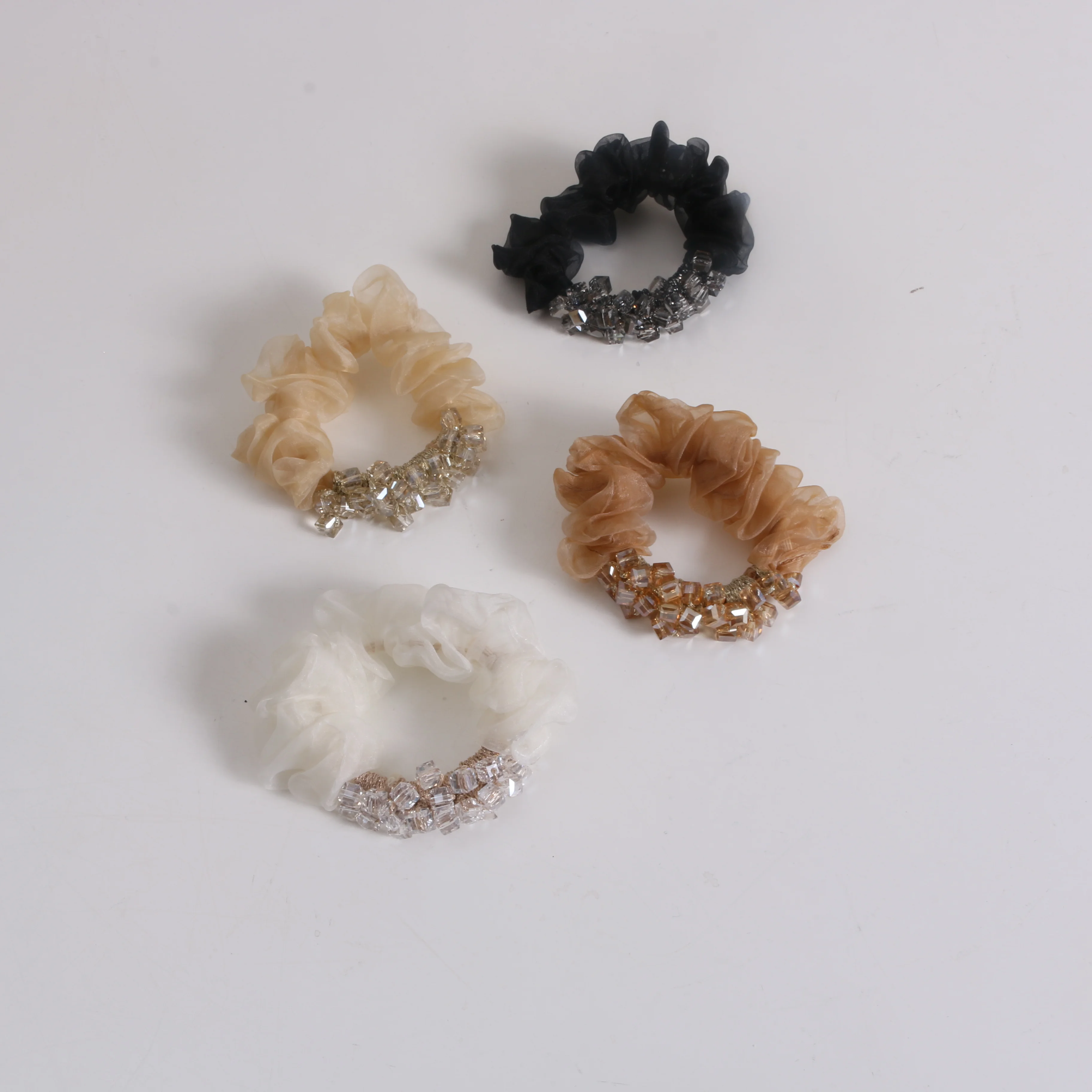 2022 new Korean style organza large intestine hair ring simple female head rope wholesale cute square crystal elastic hairband