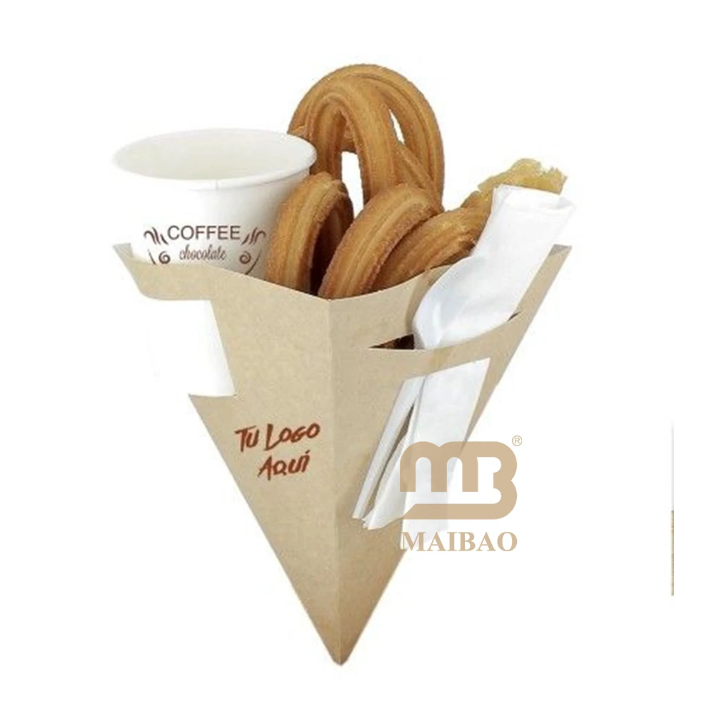 custom logo french fries paper cone with Ketchup Sauce tray divider compartment waffle packaging conicals takeout churros box
