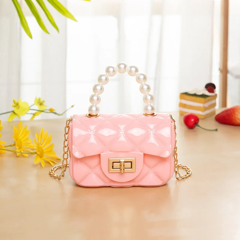 Wholesale Mini Jelly Bag Children Kids Handbags Women Ladies Purses Shoulder Crossbody bag with Pearl Chain Bags for Girls