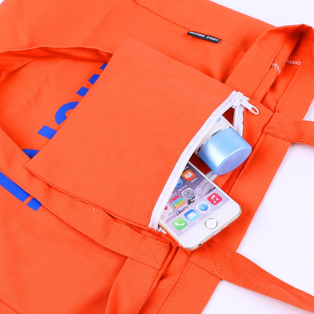 Custom Reusable 12OZ Polyester Canvas Cotton Zipper Tote Shoulder Shopping Bags with inside Zipper pocket Orange Color