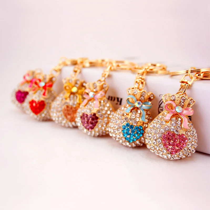 Women Accessories Crystal Rhinestone Handbag With Ribbon Heart Multicolor Purse Keychain
