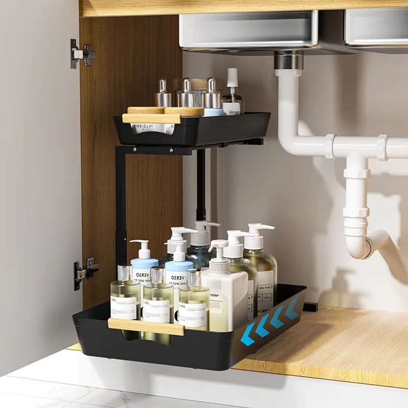 New Products Height Adjustable 2 Tier Sliding Under Kitchen Sink Pull-out Storage Rack Under Sink Organizer With Suction Cup