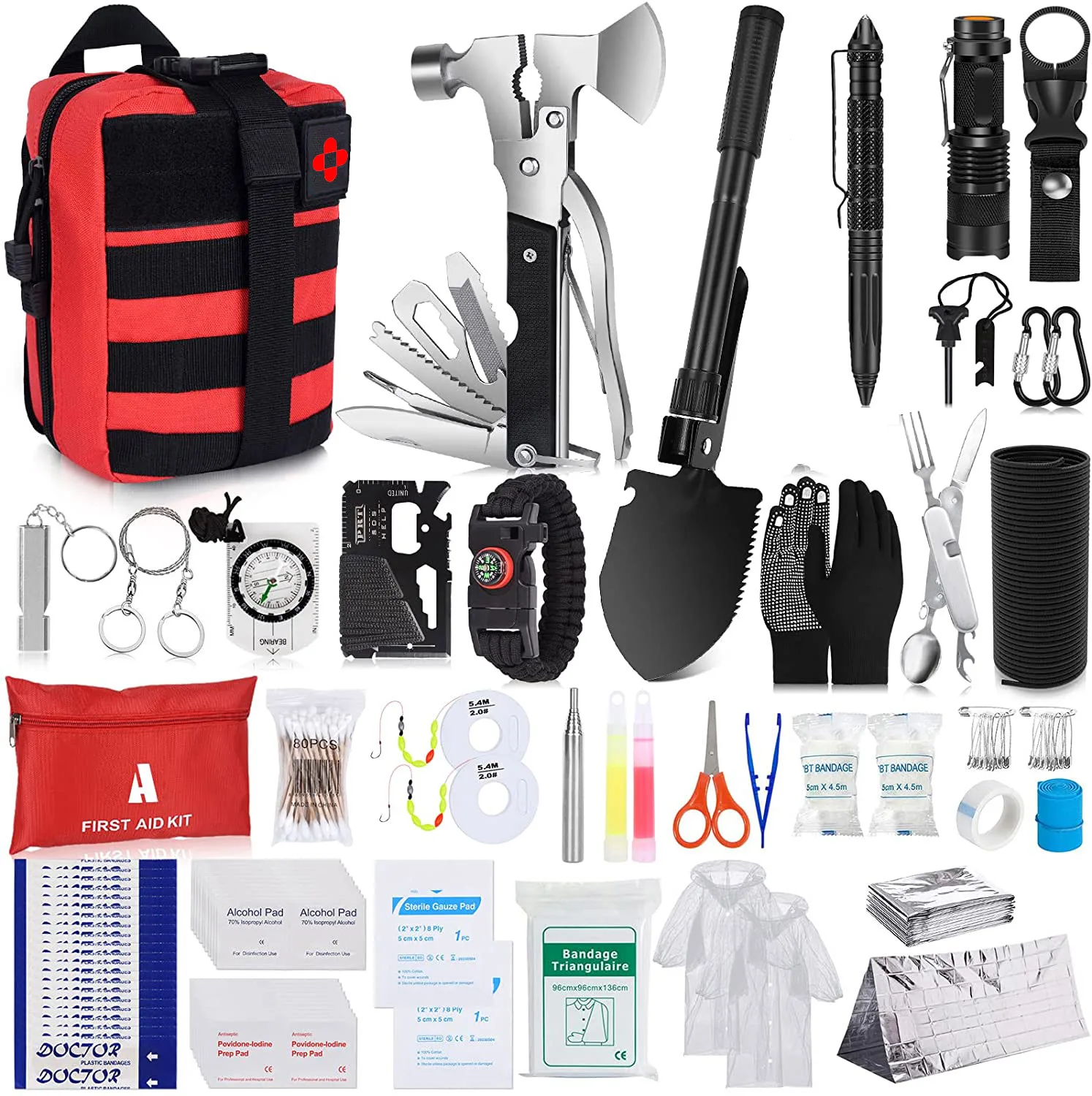 Custom Multifunctional Outdoor Wilderness Survival Travel First Aid Kit With Axe Shovel For Camping Hiking