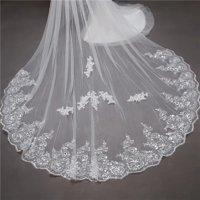 S1488R New double-layer veil with shiny lace bridal veil long with hair comb