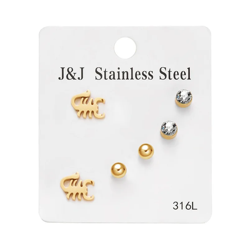 3 Pairs/Set Small Tiny Stainless Steel Earrings Men Women Heart Cross Butterfly Moon Rhinestone Love Cute Stud Earring Jewelry