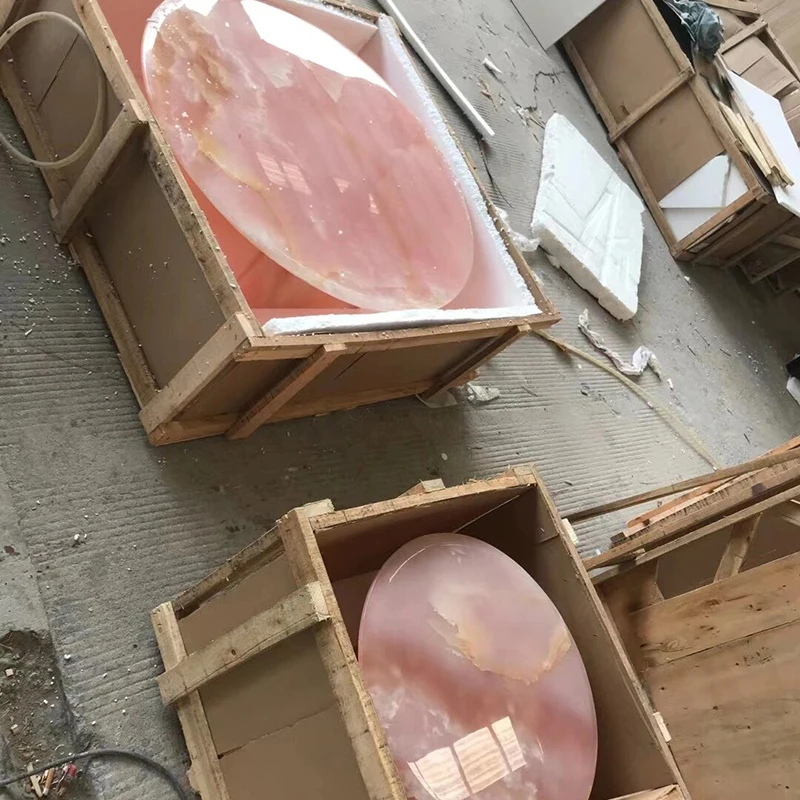 Guanmay Custom Luxury Home Furniture 2 Pieces Marble Stone Pink Onyx Round Marble Coffee Table Set