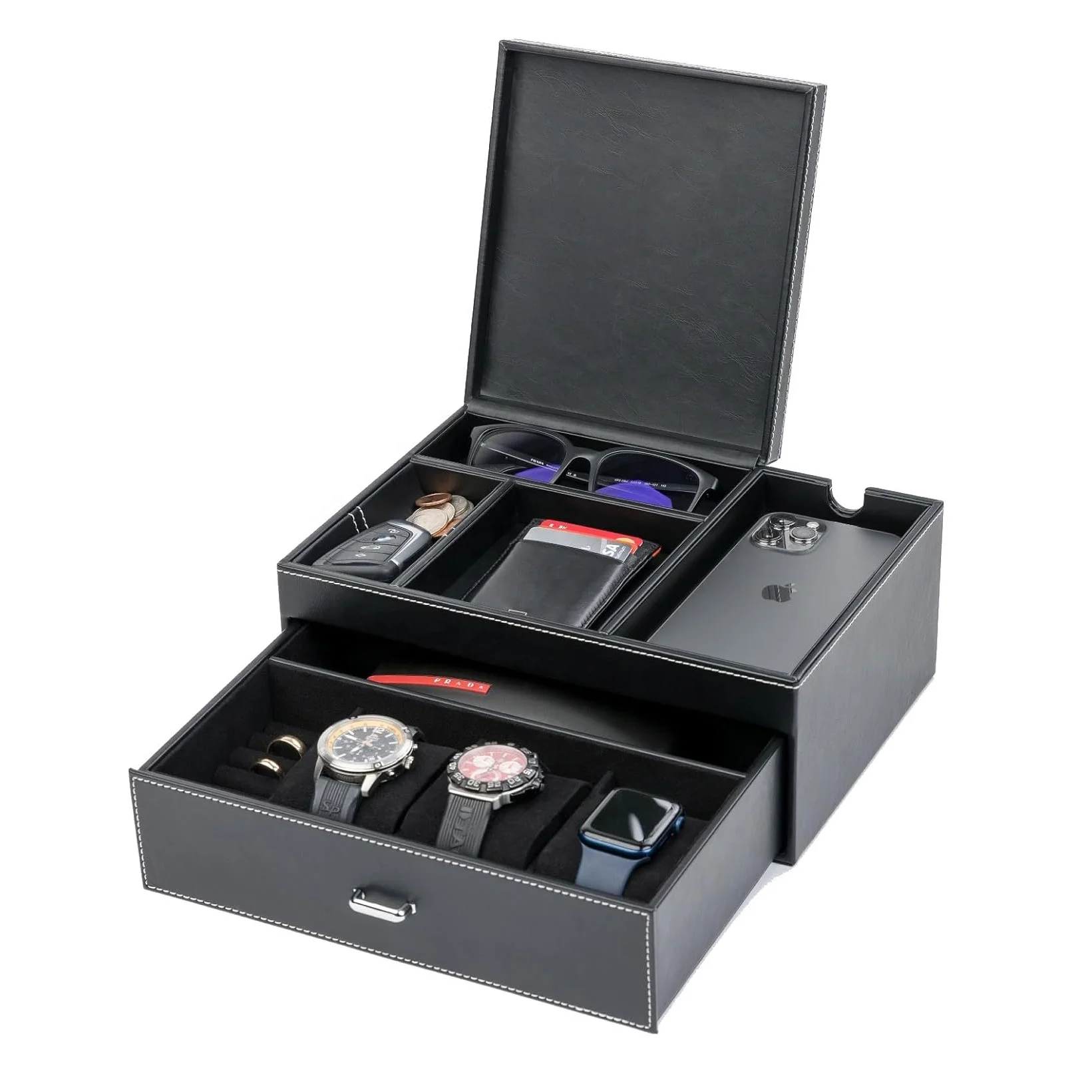 Mens Dresser Valet Organizer with Charging Station Drawer Tray Watches PU Jewelry Accessories Packing Box With Lid
