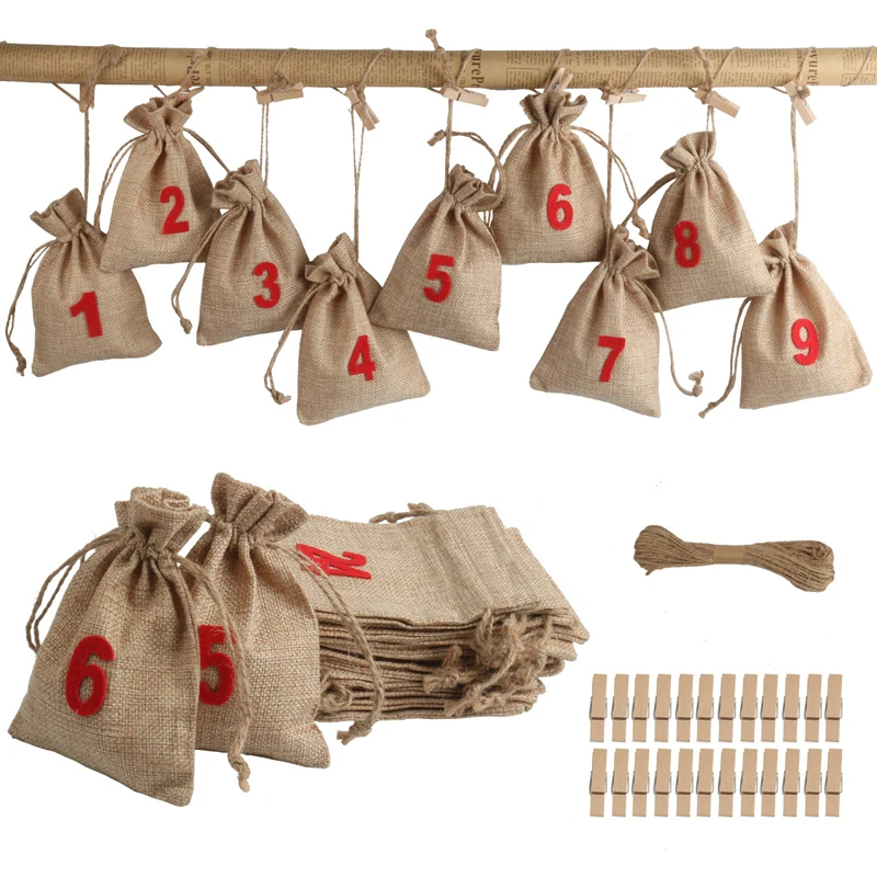 DIY Advent Calendars, 24 Day Countdown Xmas Gifts Advent Calendar Jute Bags Drawstring Bags Reusable for Christmas Decorations