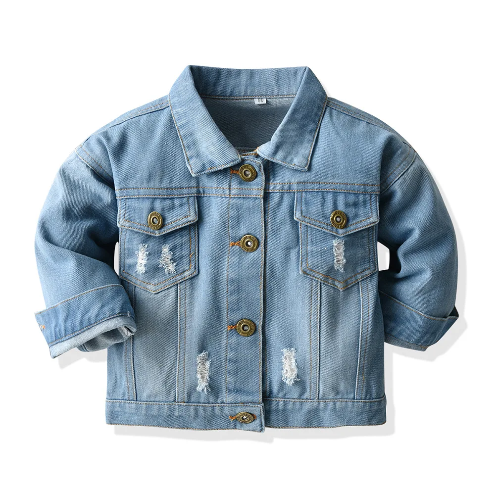 Spring Autumn Kids Casual Jacket Boys Girls Ripped Holes Jeans Coats Little Girls Denim Outerwear