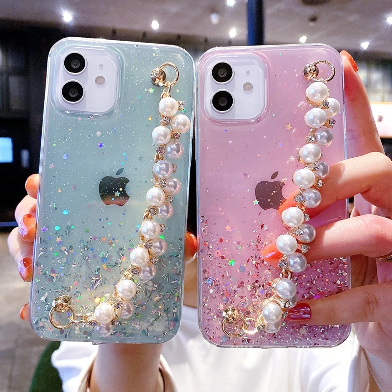 Soft Pearl Bracelet Phone Case For iPhone 11 12 13 14 Pro Max XS X XR 7 8 6 6s Plus mini SE 2020 Glitter Shockproof Cases Cover