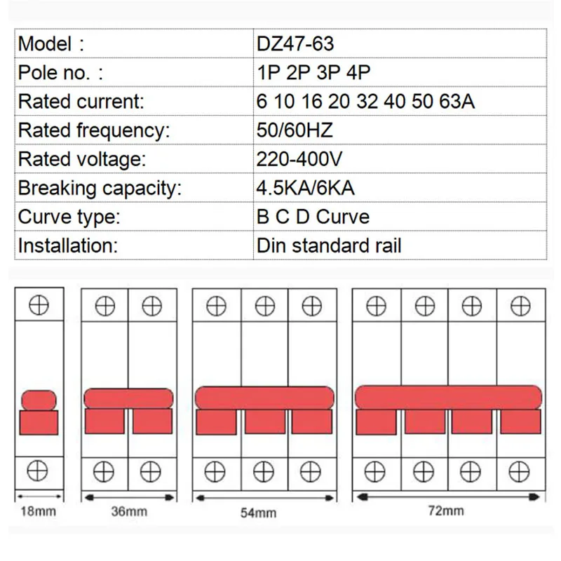 Factory directly sale DZ47 mcb ac miniature breakers one phase C curve one phase 1-5A,16A,32A,63A oem c20 mcb circuit breaker