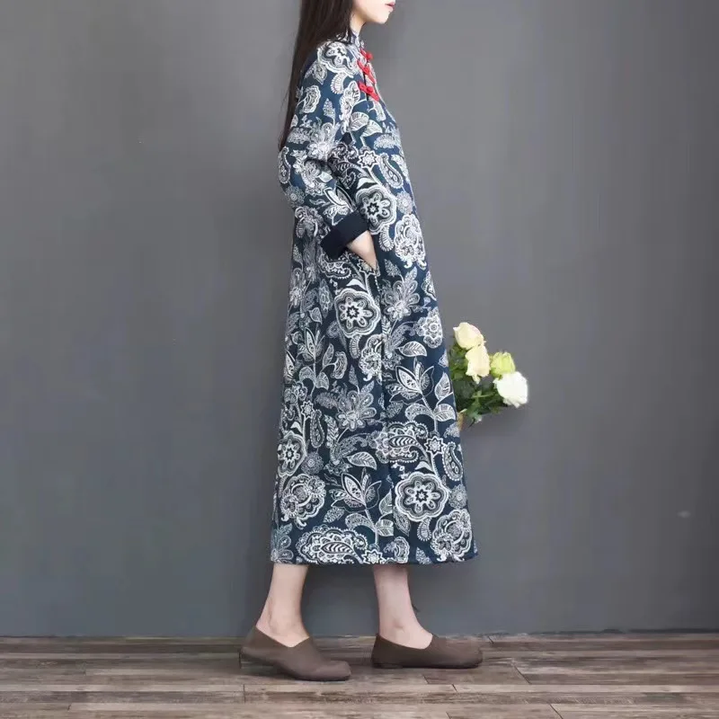 Custom Chinese Casual Autumn Winter Loose A-Line Stand Neck Long Sleeve Maxi Linen Cotton Flower Print Dress Woman With Buttons
