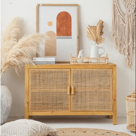 
Home Decoration Cane Woven Storage Shoes Cabinet Solid Wood Rattan Side Cabinet 