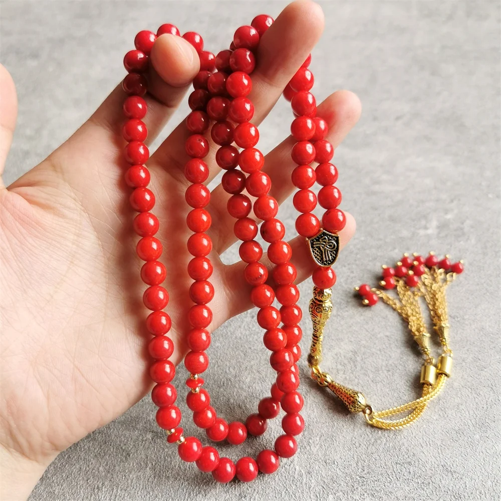Factory Sale Pure Natural Round Shape Red Coral Stone 99 Beads Muslim Prayer Beads Islamic Tasbih Misbaha Sibha Rosary