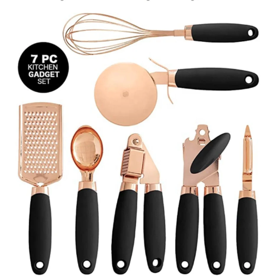 7pcs  Kitchen Gadget Set Copper Coated Stainless Steel Utensils with Soft Touch Pink Handles