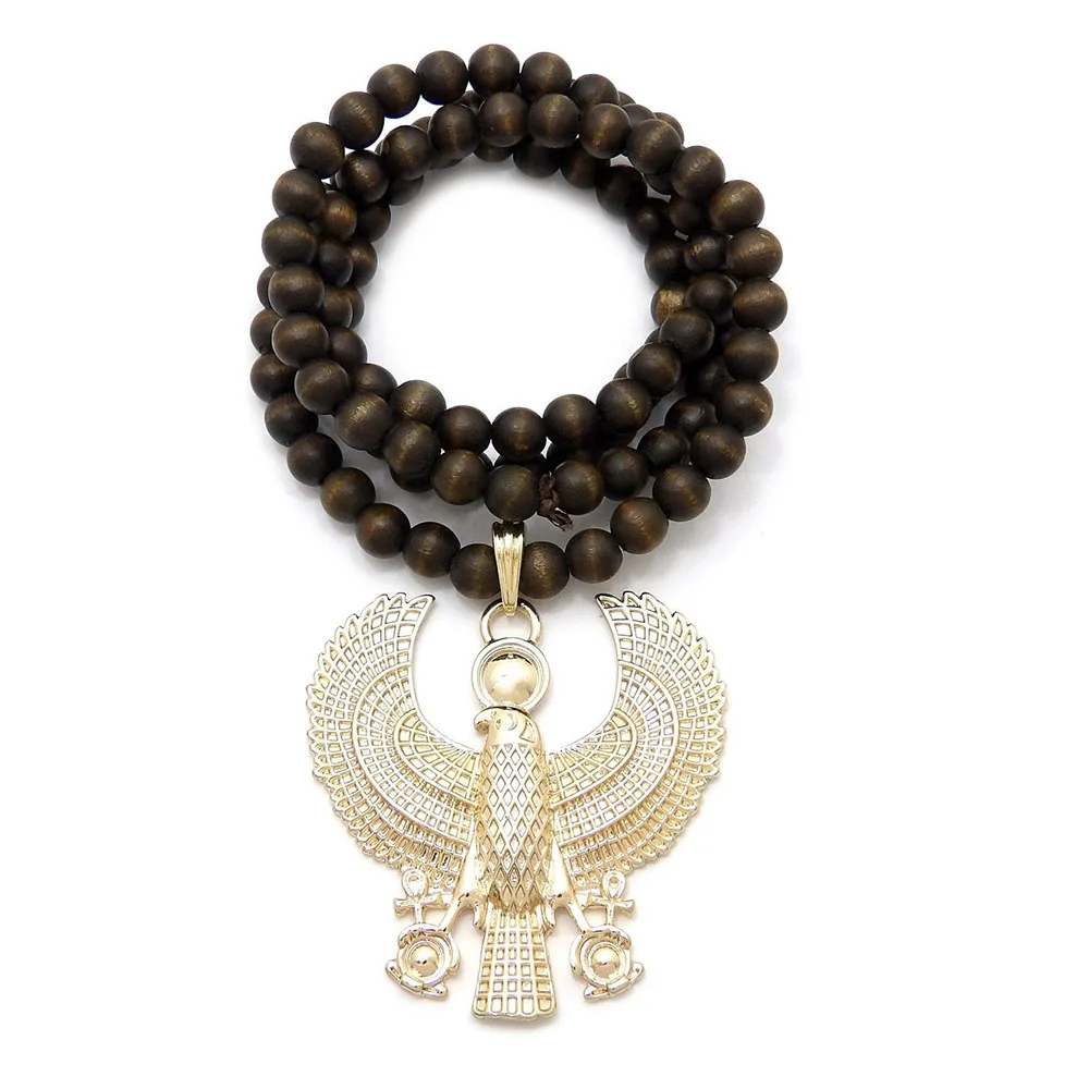 Custom Hip Hop Egyptian Bird God Pendant 8mm 30inch Wooden Beads Funky Chain Necklace