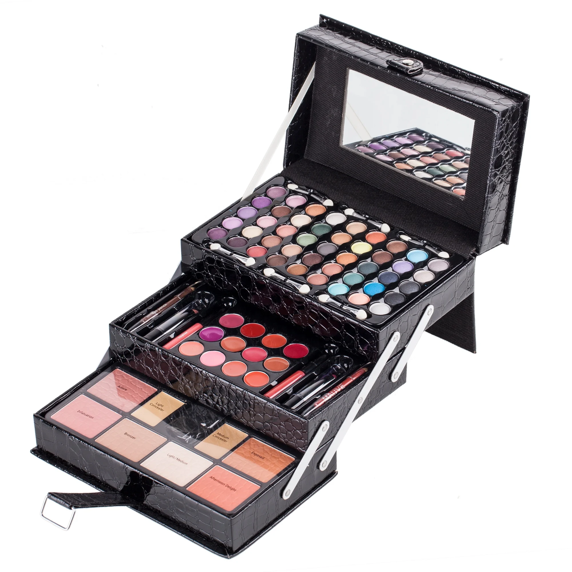 Factory hotselling black faux leather make up set box Makeup brushes eye shadow palettes blush palettes lipsticks lip glosses