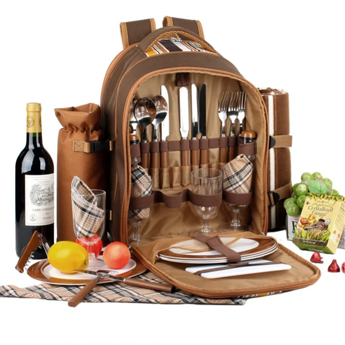 Tableware Picnic Bag Set Outdoor Portable Thermal Insulation Cold Storage Quadruple Checked Camping Backpack Picnic Backpack