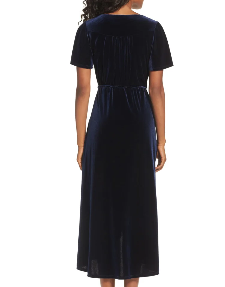 Surplice v neck ladies faux wrap velvet midi dress summer 2020