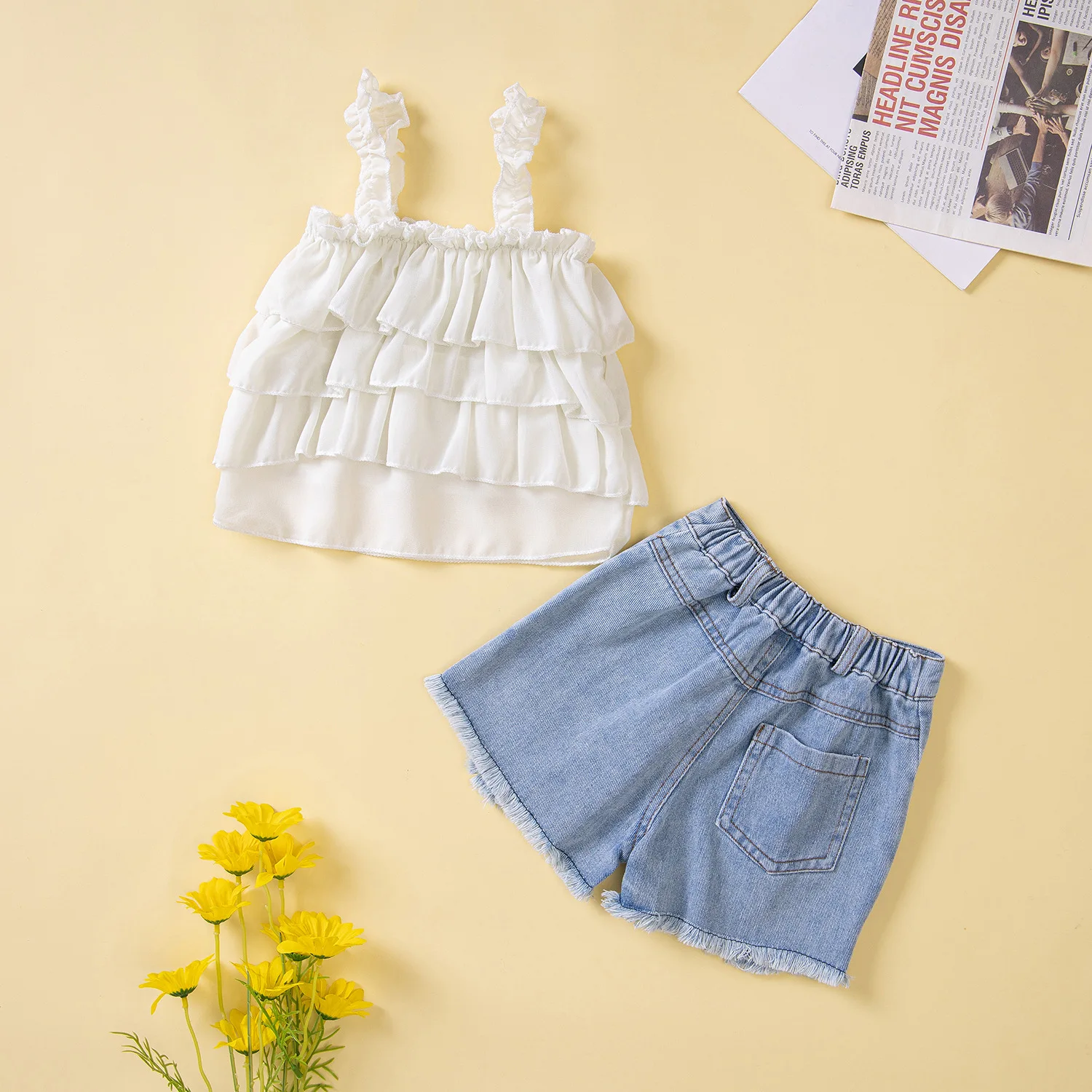 Beautiful Lace Up Chiffon Ruffles Top Denim Shorts 2pcs Clothes Set Lil Girls Clothes Set Summer